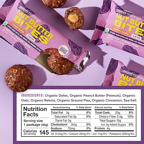 Miniatura 3 de Sweet Nothings, Superfood - Bocadillos de mantequilla de nuez orgánica, avena y pasas, relleno de mantequilla de maní, 24-2 paquetes de bocados, sin