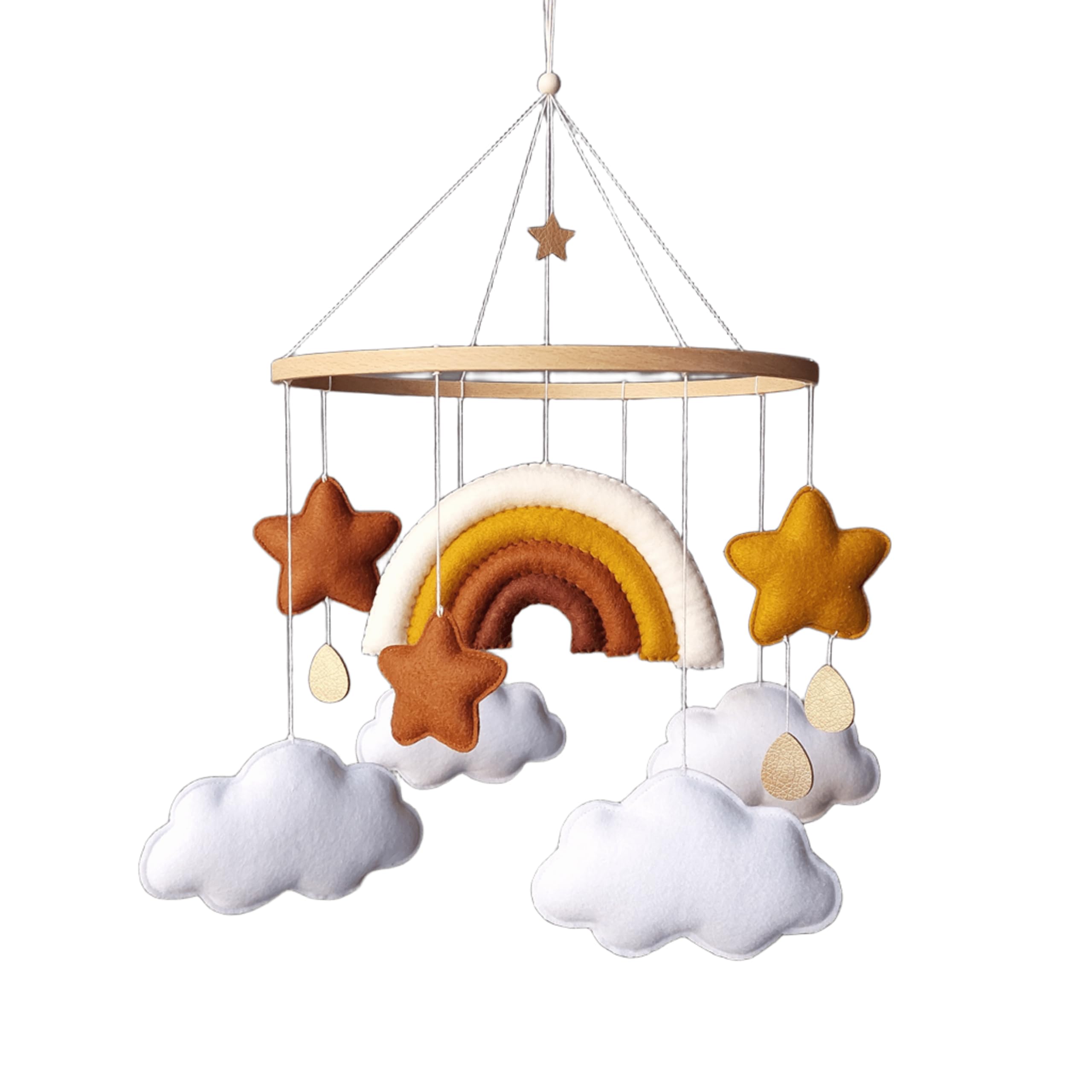 Regenbogen Baby Mobile – Neutrales Boho Mobile mit Sternen & Wolken in Beige und Braun – Handgemachtes Filz-Mobile fürs Babyzimmer – Wunderschönes Geschenk zur Geburt