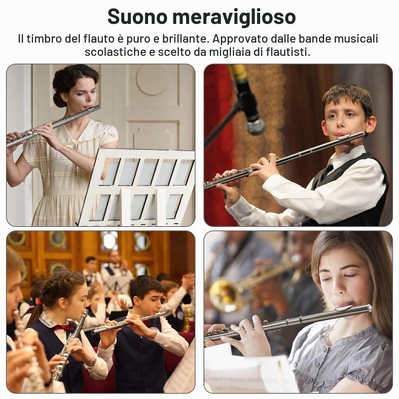 POGOLAB Flauti, Foro Chiuso C 16 Tasti, Flauto per Studenti Principianti Avanzati, con Kit di Pulizia per Flauto, Borsa per il Trasporto, Supporto, Cinghia, Asta Sonda, Guanti, Grasso, Placcato Nickel