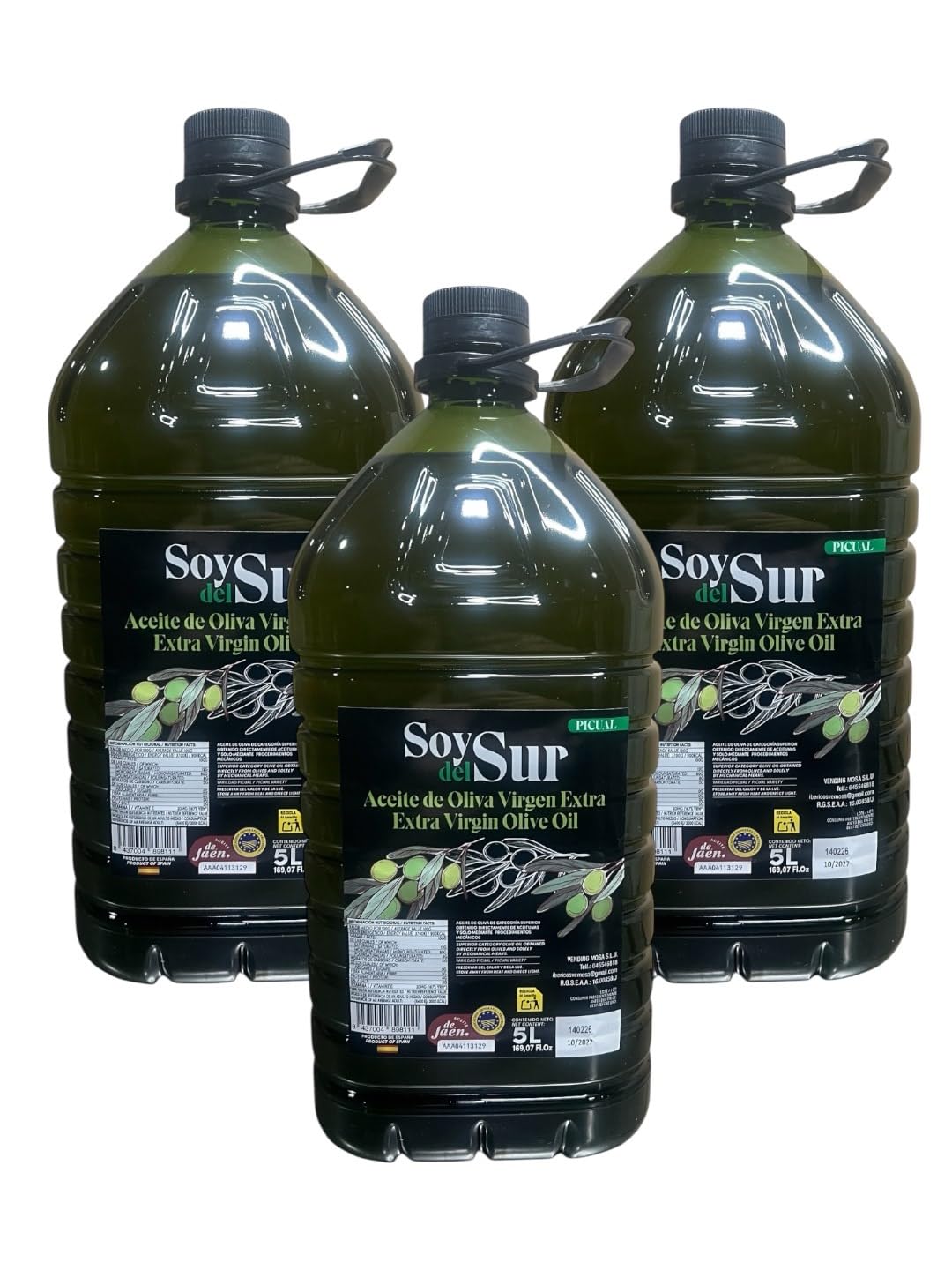Jaén 100% Picual Aceite de Oliva Virgen Extra SOY DEL SUR – IGP Aceite de Jaén – Extracción en Frío – AOVE Premium con Antioxidantes – Sabor Intenso, Frutado Verde y Equilibrado (5 Litros, Pack 3)