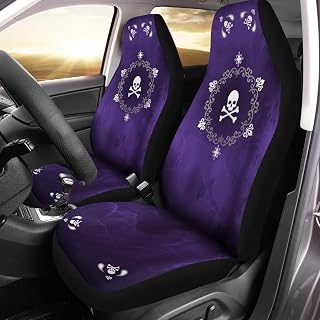 Bulopur Skull Flowers Purple Print Automobile Front Seat Cover, Automotive Seat Cover Accessories, Breathable Front Car Seat Cover Pack of 2