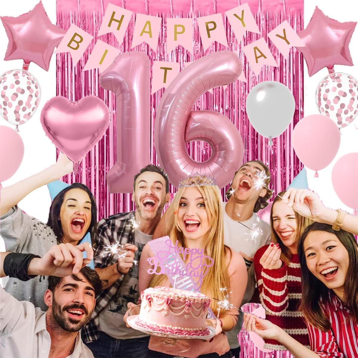 Sweet 16 Party Decorations for Girls, Pink and Silver 16th Birthday Decorations, Happy Birthday Banner Fringe Curtain Cake Topper Balloons Sash and Tiara, Pink 16 Birthday Party Supplies for Girls - Image 6
