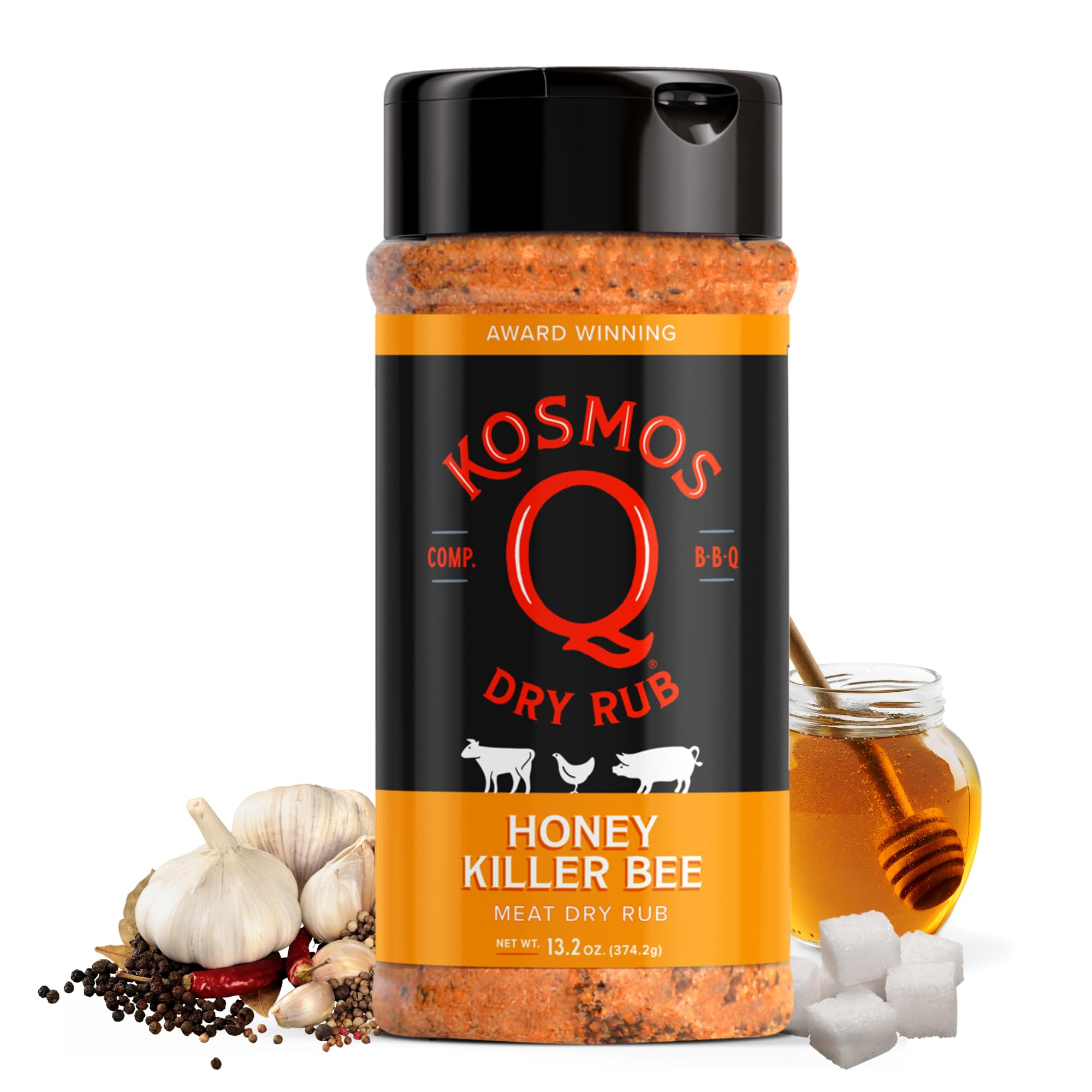 Kosmos Q Honey Killer Bee BBQ Dry Rub, Sweet Seasoning with Brown Sugar, Honey, Garlic & Paprika for Chicken, Pork, Turkey, Ribs and More, Dry Rub for Smoking & Grilling Meat, 13.2 Oz Shaker Bottle