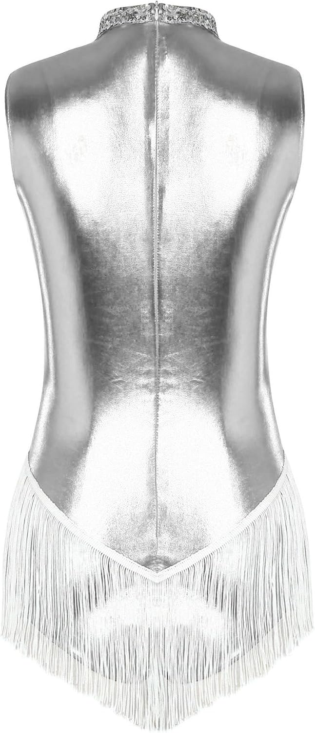 Yhong Women Metallic Sequin Latin Dance Leotard Fringe Salsa Samba Tango Dance Performance Costume