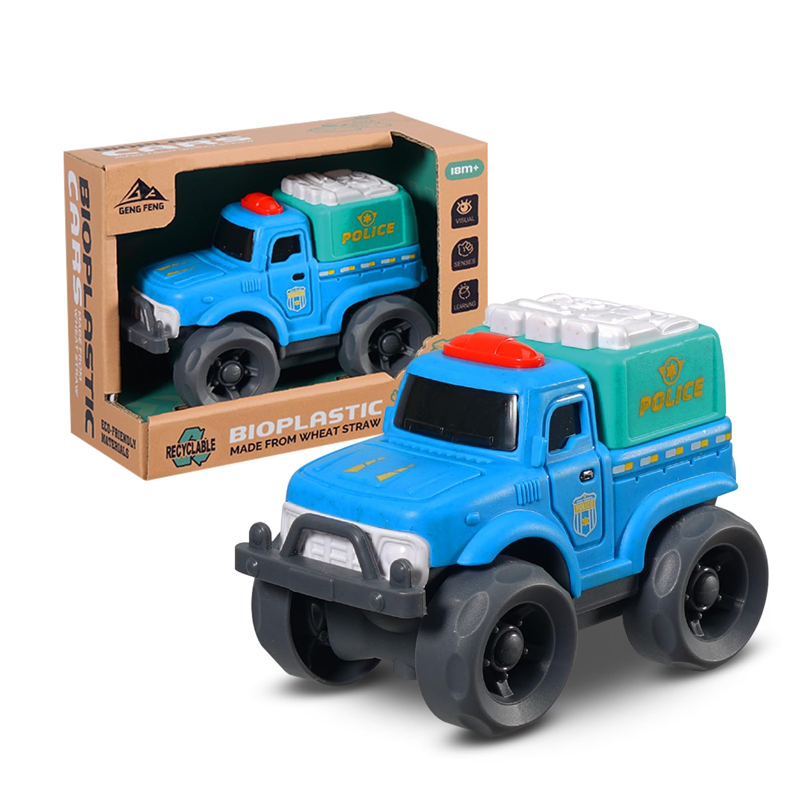 Cicili Toddler Car Toys for Boy Girl 1-3 Year Old, Blue Police Car, BPA Free, Phthalates Free, PVC, Recycled Plastic, Easy to Clean, Toddlers Toy for Fine Motor Skills,Improving Gross Motor