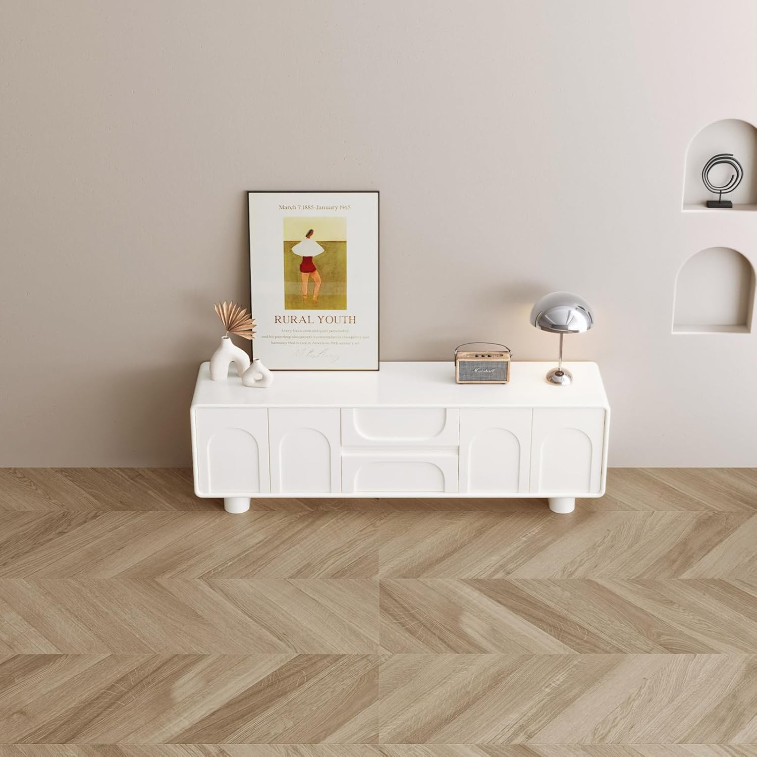 62.99" TV Stand for 55/60/65" TV Modern Entertainment Center with Storage Cabinets and Drawers Mid Century Media Console Table Cream White Television Stand for Living Room