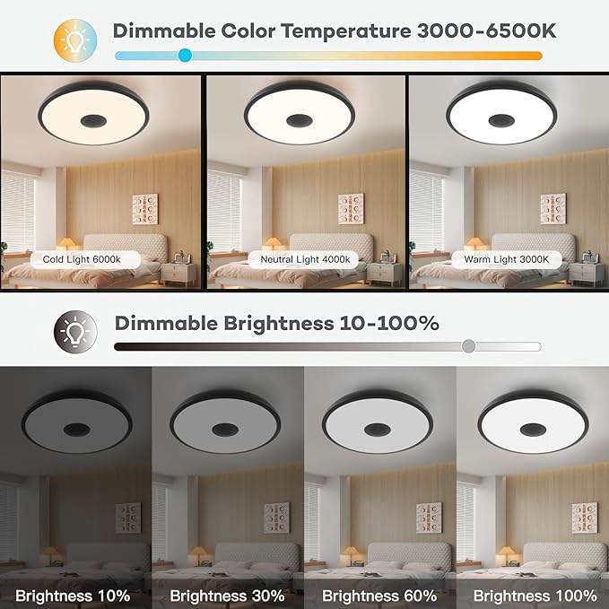 Horevo Led-plafondlamp voor badkamer met afstandsbediening, IP65, diameter 28 cm, dimbaar licht met bluetooth-luidspreker, waterdichte badkamerlamp met E27-schroefadapter, zwarte plafondlamp voor keuken, photo 3