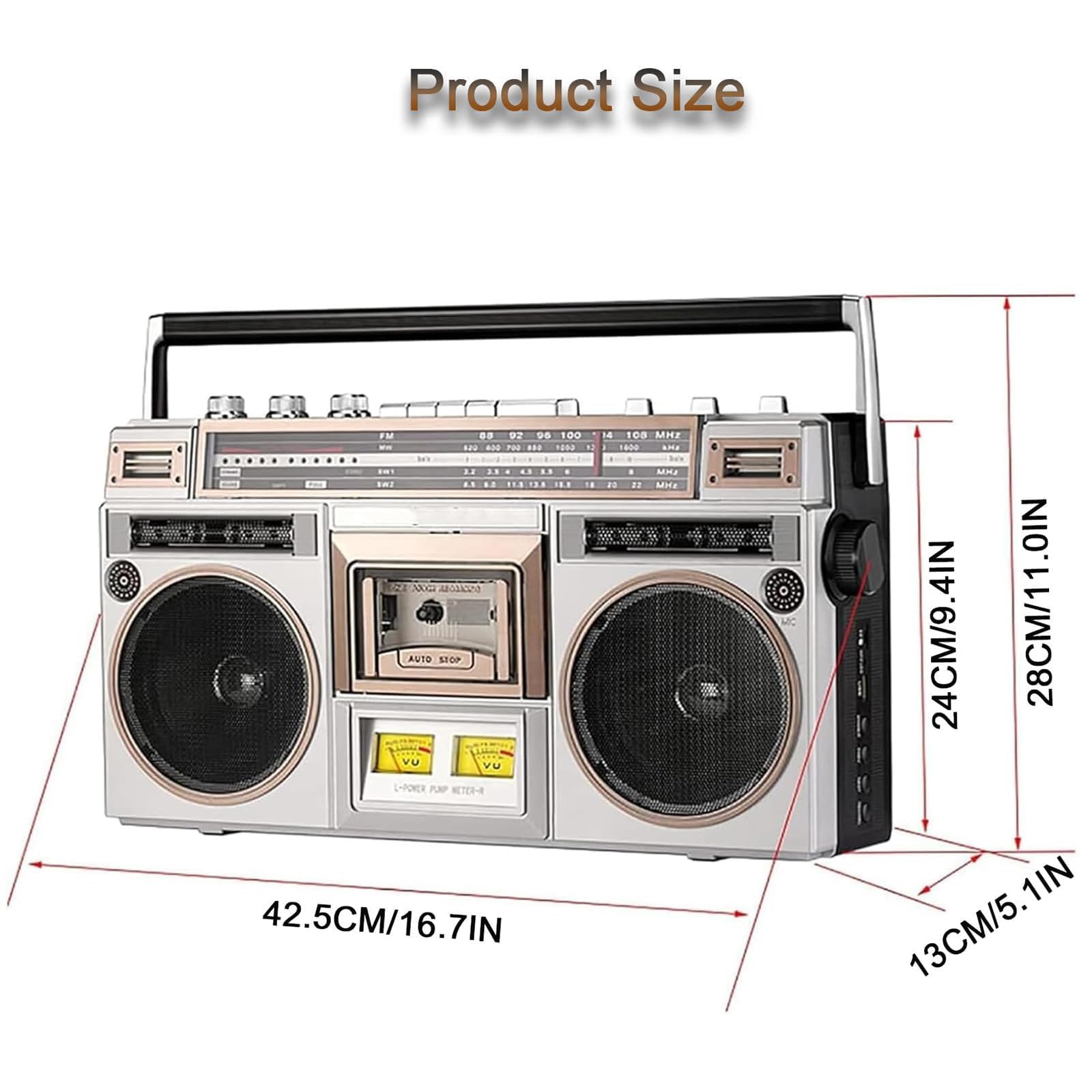 Reproductor CD Retro CláSico Los 80, Radiocasete PortáTil con Radio AM/FM Y Bluetooth, Compatible con Entrada SD/USB, Grabadora Casete para Reuniones Familiares, Viajes, Baile Callejero,Silver