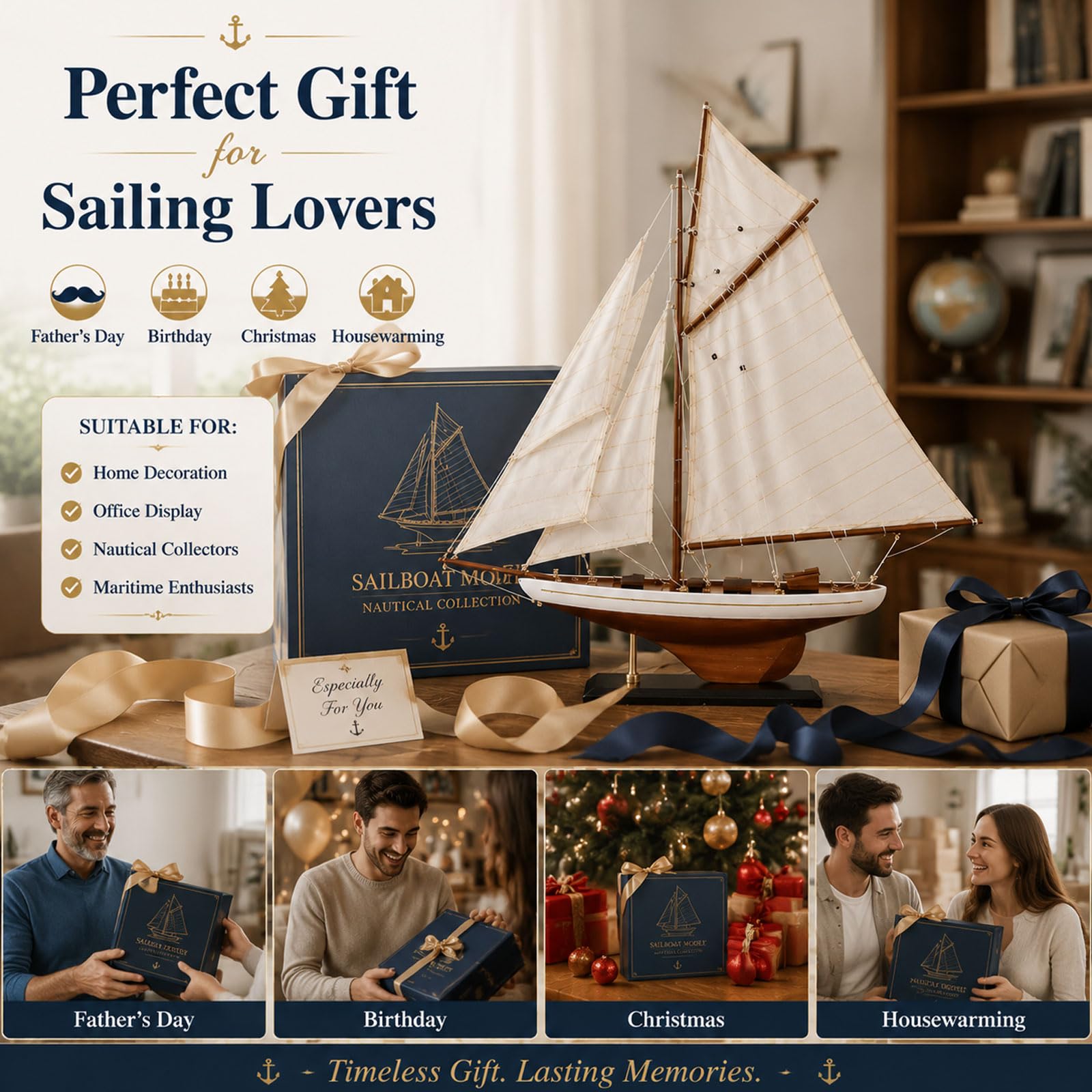 YLME Modello di Barca a Vela d'Epoca Ornamento in Legno a Forma di Barca a Vela | Decorazioni nautiche e marittime per soggiorno, ufficio, mensole, regalo per gli amanti della vela
