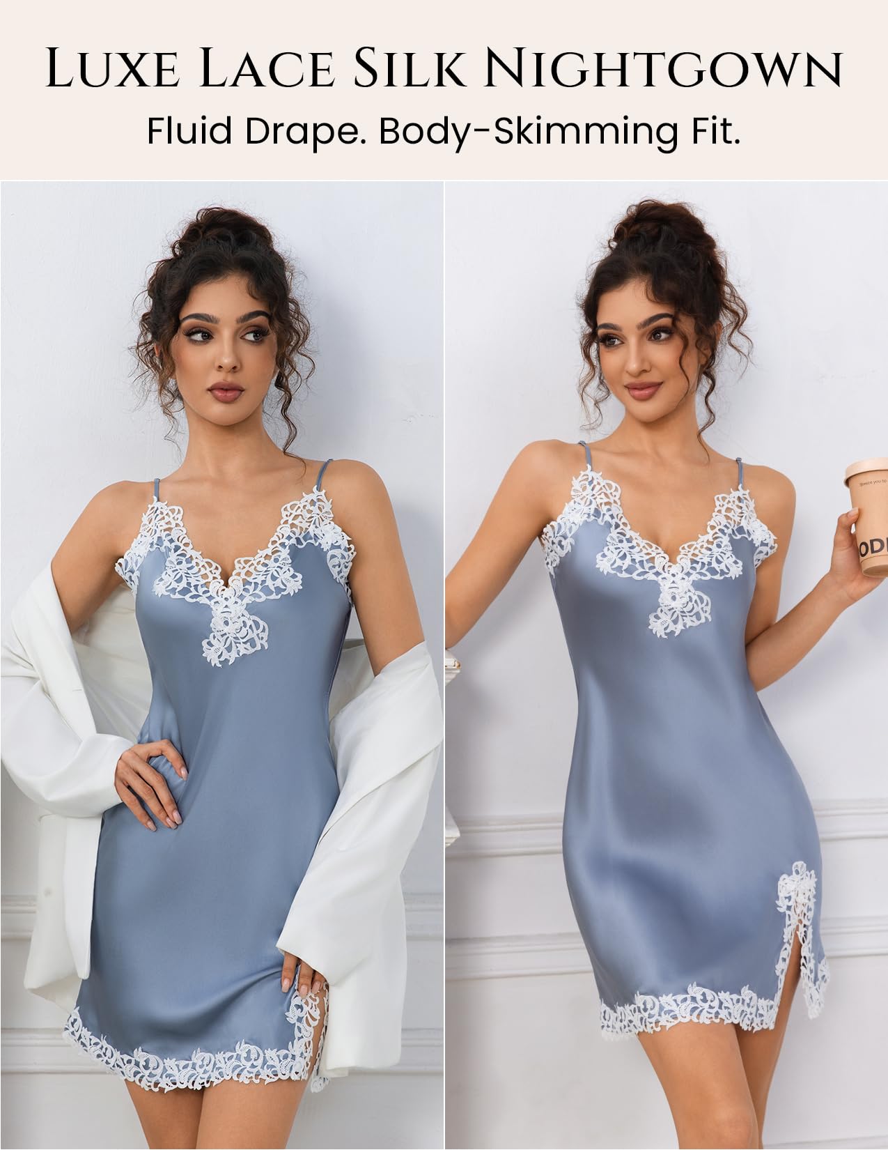 THXSILK Damen Sexy Seide Nachthemd, 19 Momme Maulbeerseide Nachtwäsche V-Ausschnitt Spitze Spaghetti Strap Chemise Kurz Slip Kleid