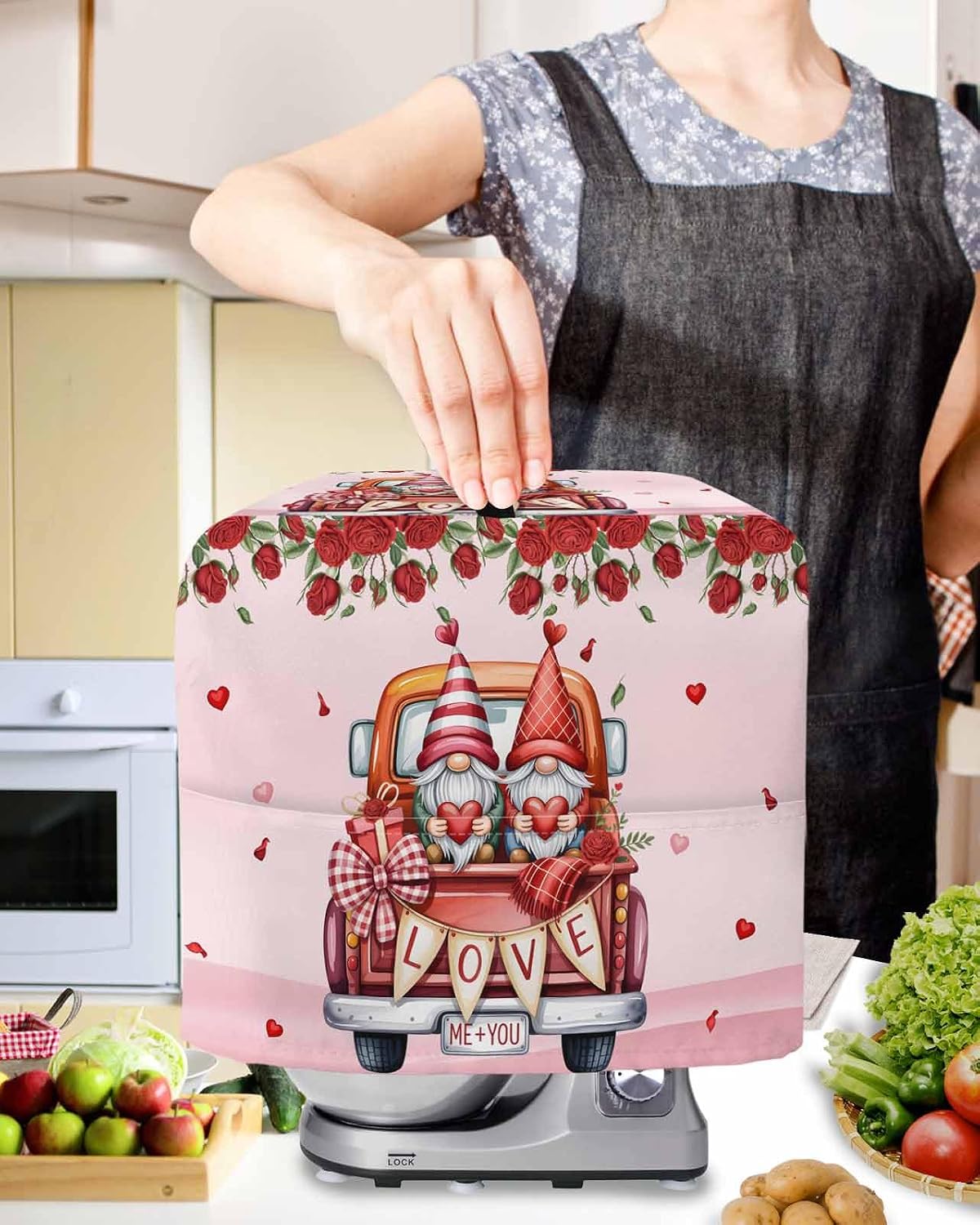 Stand Mixer Cover with Storage Pocket, Valentine's Day Waterproof Kitchen Mixer Covers, Red Roses Love Heart Gnomes Truck Pink Kitchen Appliance Dust Cover Compatible with 4/4.5 Quart Mixers