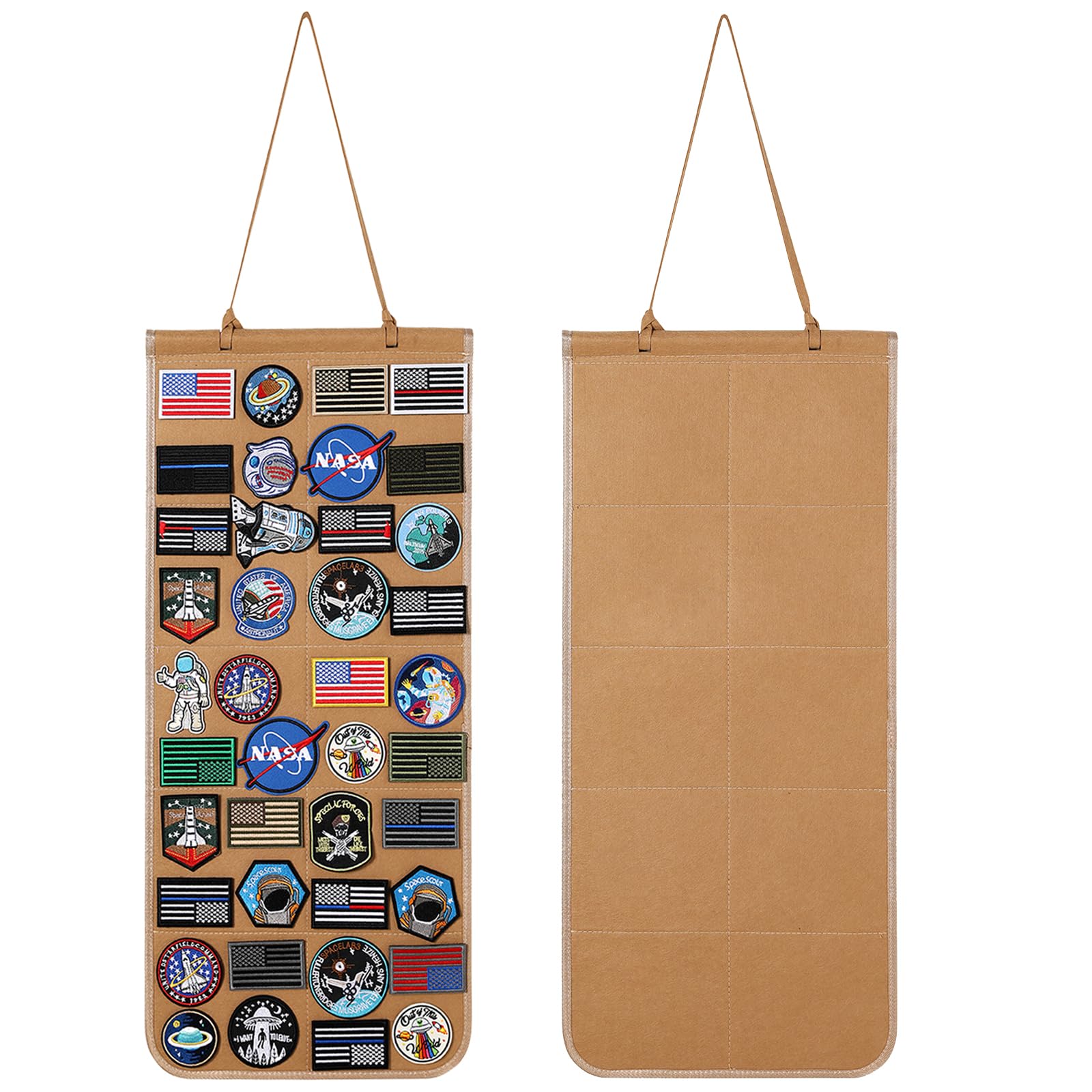 Photo 1 of Double-Sided Patch Display, Wall-Mount Patch Display Holder,Patch Organizer with Wooden Sticks(NO Accessories Included) (Khaki)