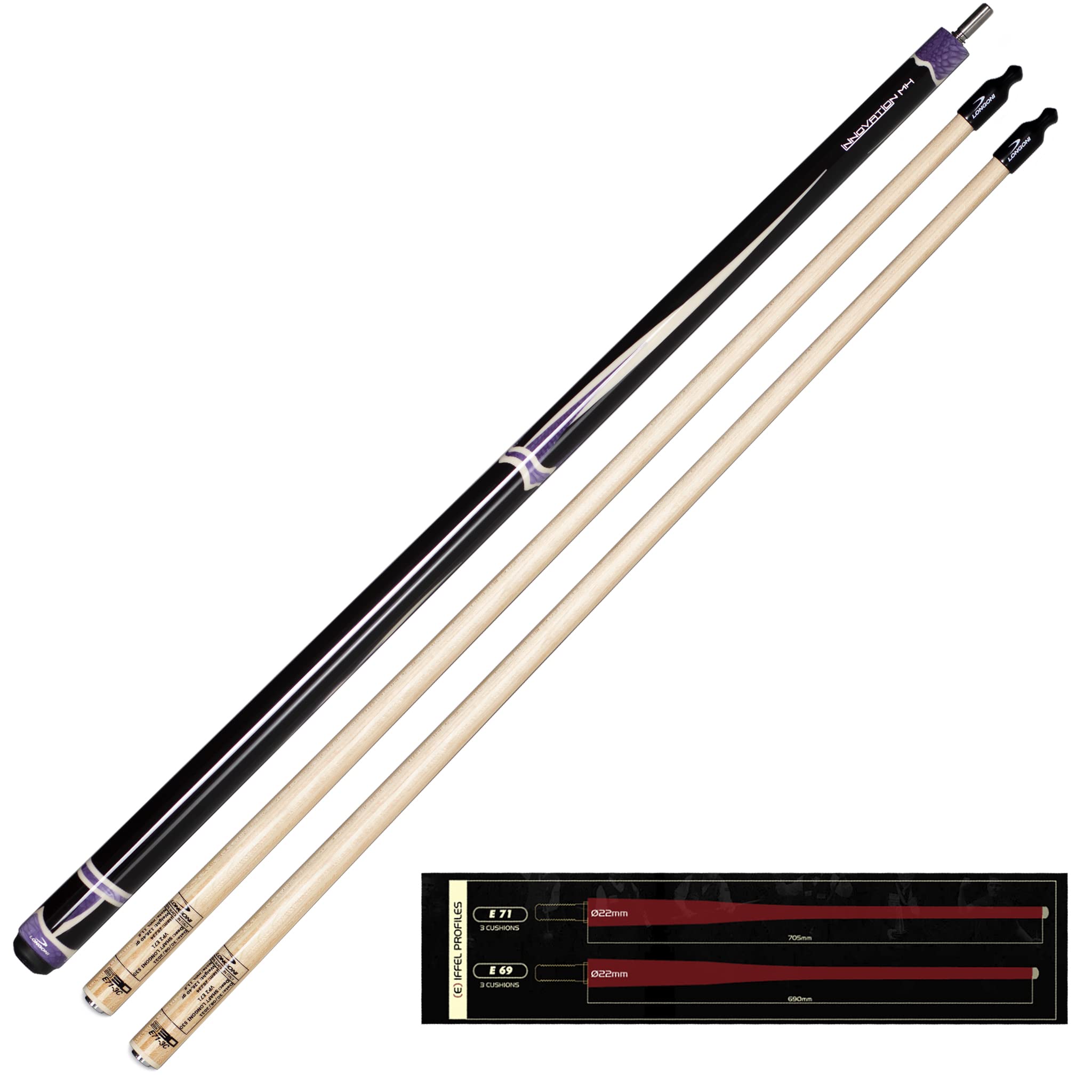 Longoni Innovation MH Carom 3-Cushion Cue with 2 S30 Shafts E71 Profile VP2 Joint No Wrap