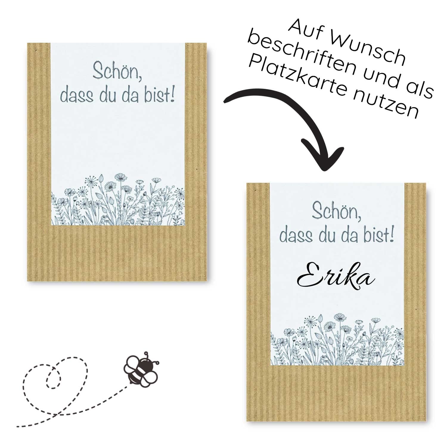 Bonbonnière et cartes de place, pour mariage, graines de fleurs, saule d'abeille, cartes de table, porte-nom, confirmation, baptême, Noël, anniversaire, invités, avec inscription « Schön, dass du da