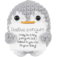Positive Penguin, 2.6 Inch Knitted Toy, Handmade Mini Funny Crochet Doll with Positive Cards, Encouraging Gift for Home & Office Decor Gray