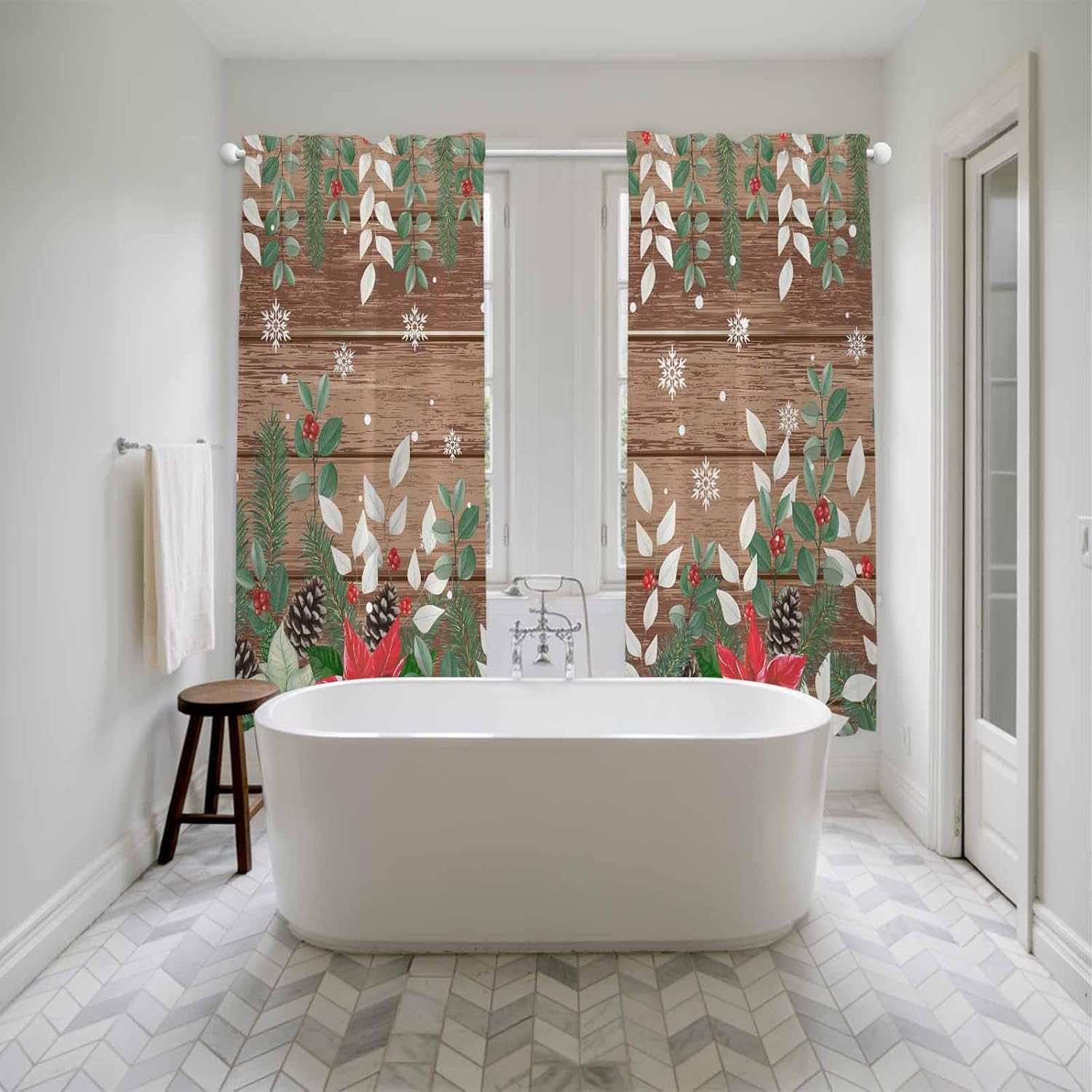 Christmas Poinsettia Window Curtains 72 Inch Long 2 Panel Set,Rod Pocket Long Curtains & Drapes,Farmhouse Eucalyptus Botanical Xmas Light Filtering Window Treatment for Bedroom Living Room 52"W x 72"L