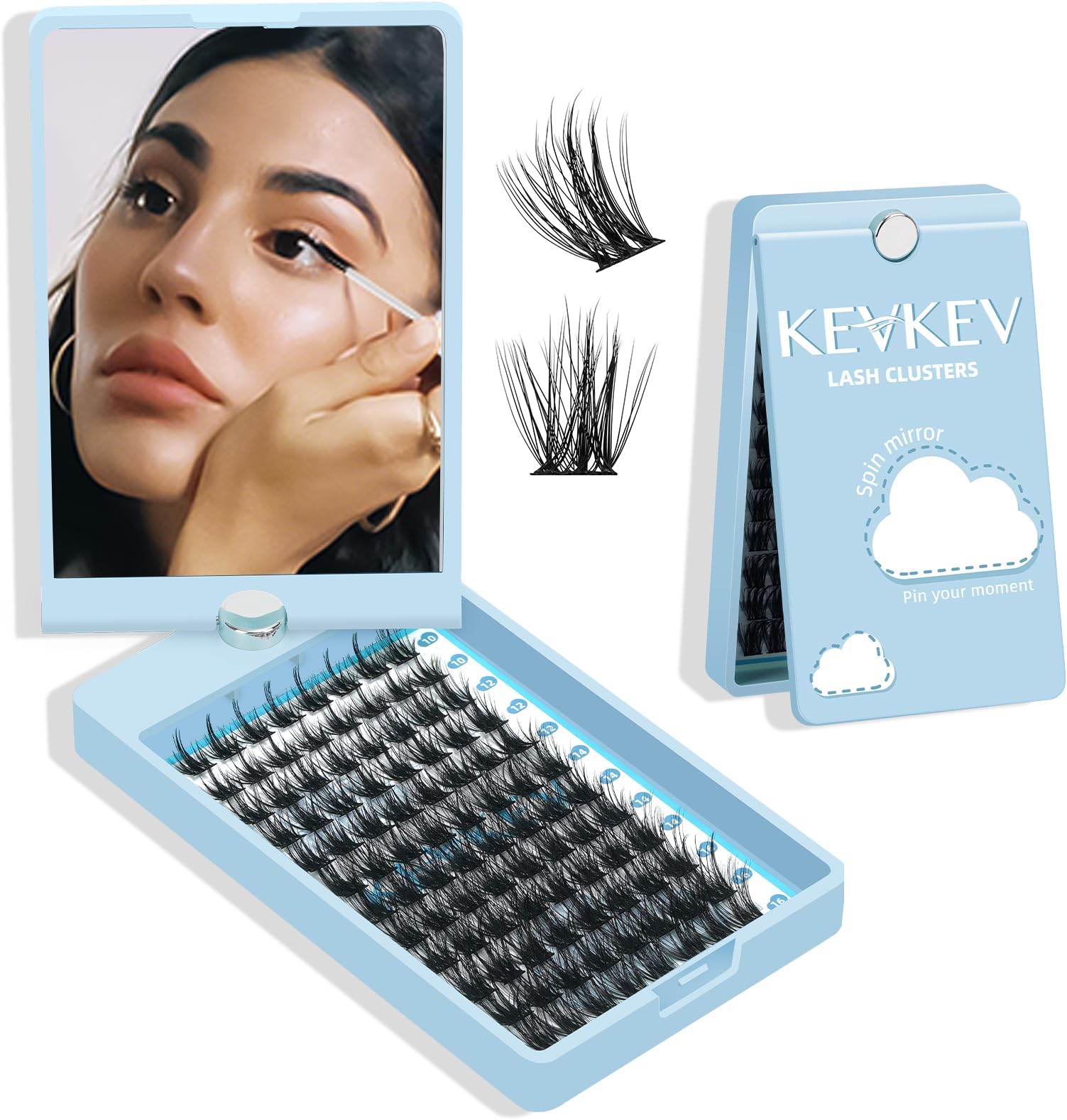 KevKev Lash Clusters 96 Pcs Eyelash Clusters DIY Lash Extensions Cluster Lashes Soft and Thin Band with 360 Spin Mirror Suitubel for Eye Make Up Travel Use(Cloudy,C-10-16mix)
