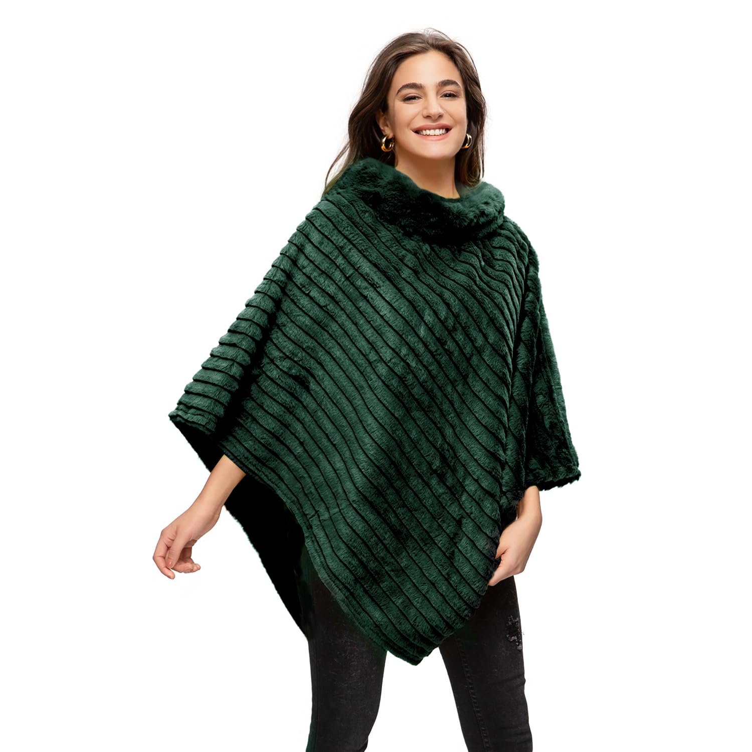 Glamexx24 Femme Poncho d'hiver Elégante Chaud Manteau en Fausse Fourrure Tricoté Col Rond Veste épaisse Cape Automne Hiver Cadeau