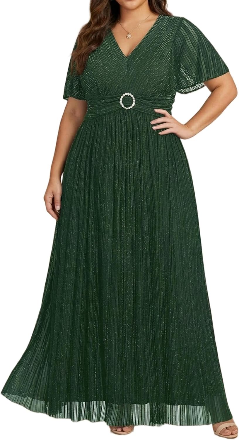 Plus Size Formal Dresses - Evening Gown Sparkly Sequin Glitter Prom Gala Ball Wedding Guest Maxi Dress with Short Sleeve