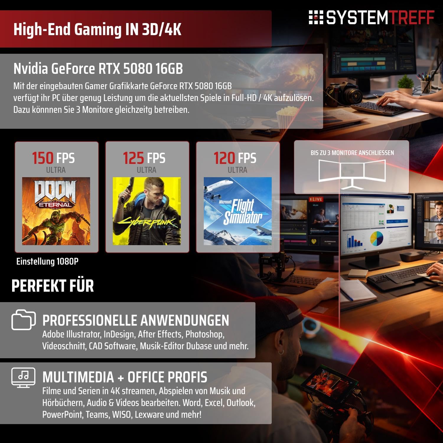 SYSTEMTREFF High-End Gaming PC AMD Ryzen 9 9950X3D 16x5.7GHz | Nvidia RTX 5080 16GB DX12 | 2TB M.2 NVMe | 32GB DDR5 RAM | Windows 11 | Desktop Computer Rechner für Gamer, Zocker & Streamer