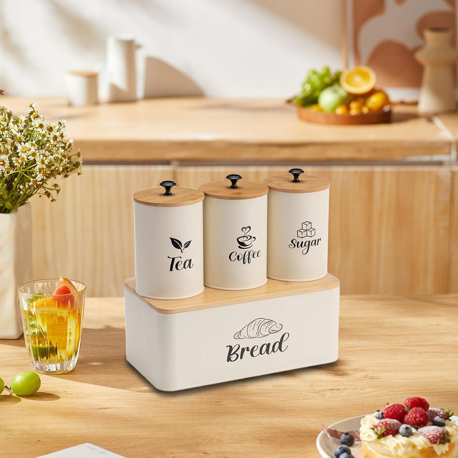 SLLS キッチンキャニスターセット フードストレージ 容器 素朴デザイン 密閉 蓋付き コーヒー 紅茶 砂糖 保存用 キッチン収納