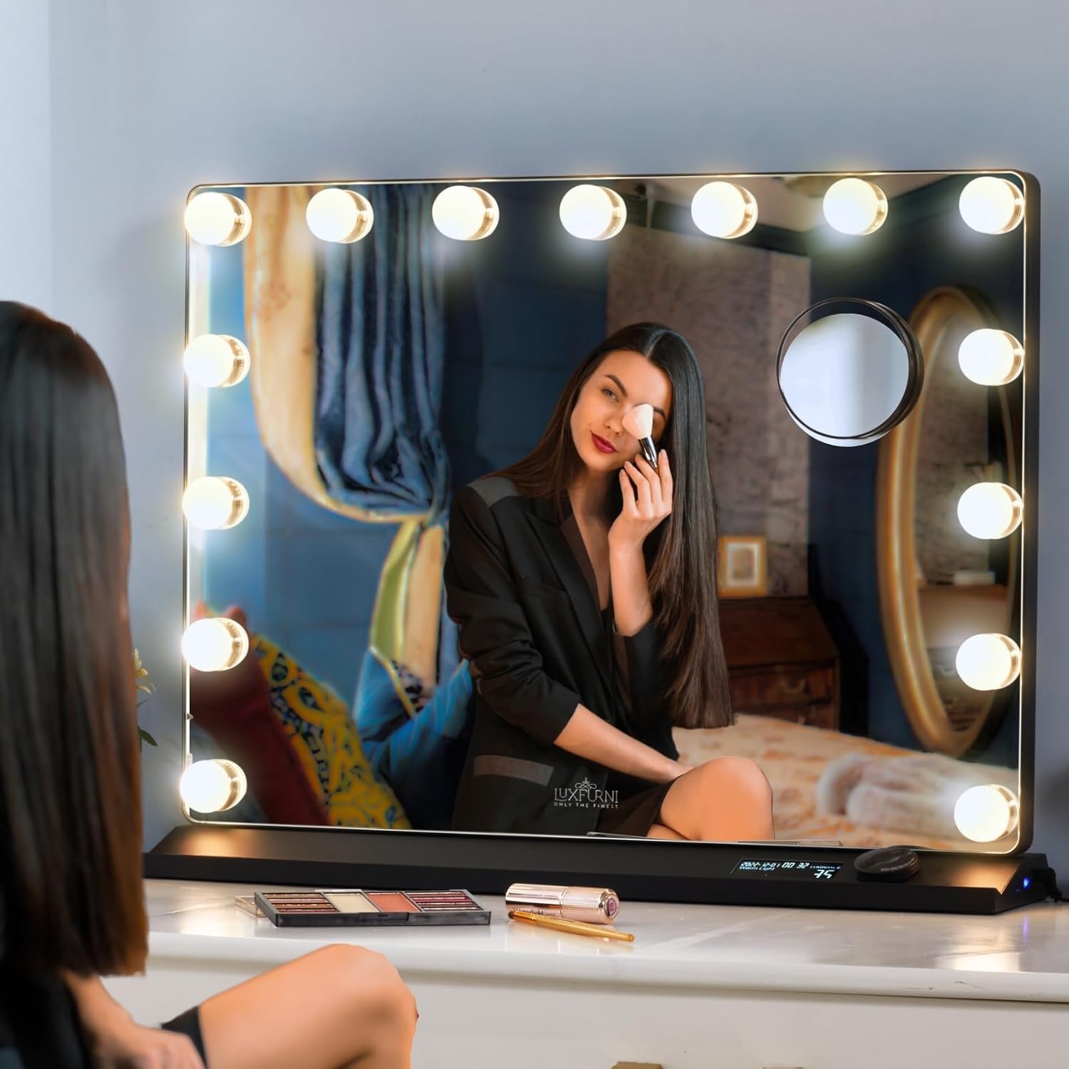 LUXFURNI Vanity Mirror with Lights, Makeup Mirrors Hollywood Mirror with 15 LED Bulbs, 3 Colors Modes & Adjustable Brightness, 10x Magnification, USB Charging (23"x 18")