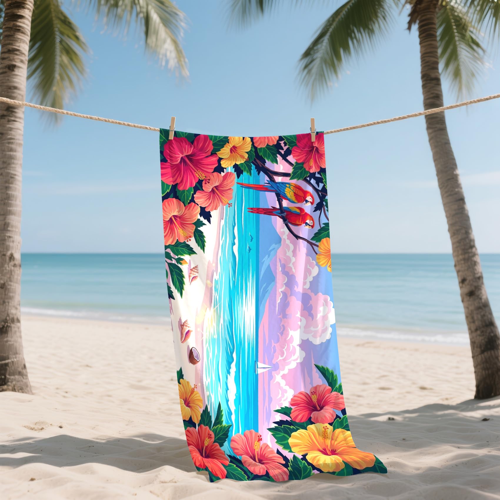 Serviette de Plage XXL Microfibre Océan Perroquet Hibiscus Tropical, Drap de Plage Séchage Rapide Anti Sable & Légère, Serviette de Bain Grande Taille 100x200 cm, Accessoire & Cadeau été