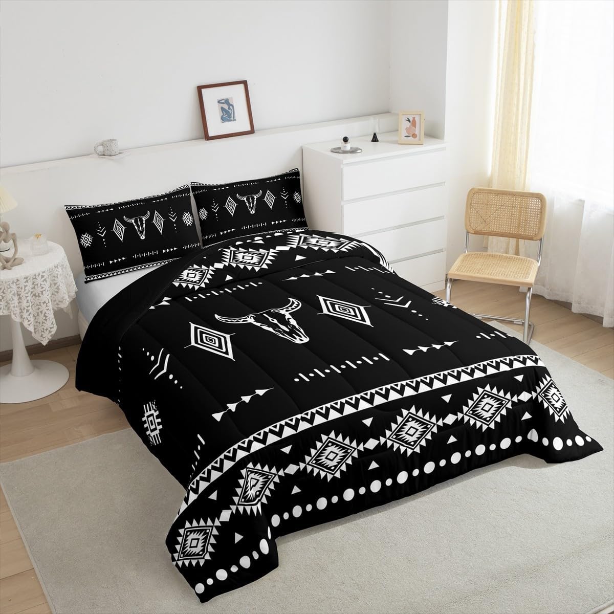 Erosebridal King Size Western Cowboy Bedding Set, Bull Skull Comforter Set for Boys Girls Men Women Room Decor, Boho Aztec Ethnic Horns Quilt, Southwestern Native Duvet Insert, Black