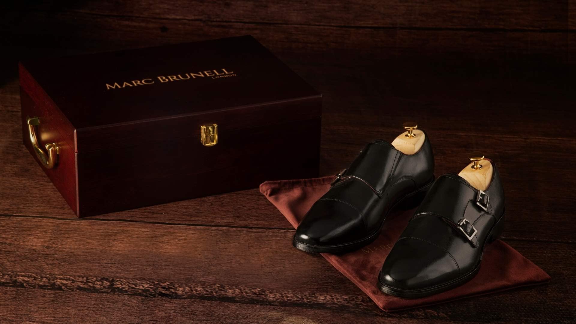 Marc Brunell Zapatos de hebilla de acero monje doble de cuero real para hombre en caja de regalo de madera más extras
