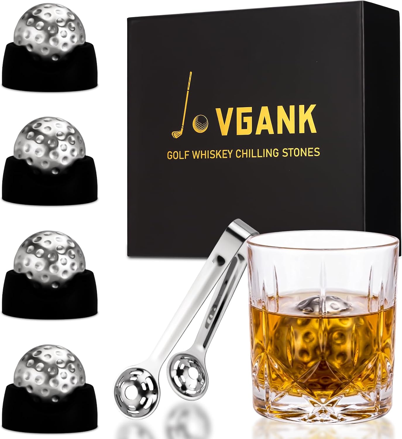 JOVGANK Golf Ball Whiskey Chilling Stones - Food Grade Stainless Steel Reusable Ice Cubes - Quick Chill Metal Ice Balls for Scotch, Bourbon - Unique Bar Accessories & Golfer Gifts for Men (Set of 4)