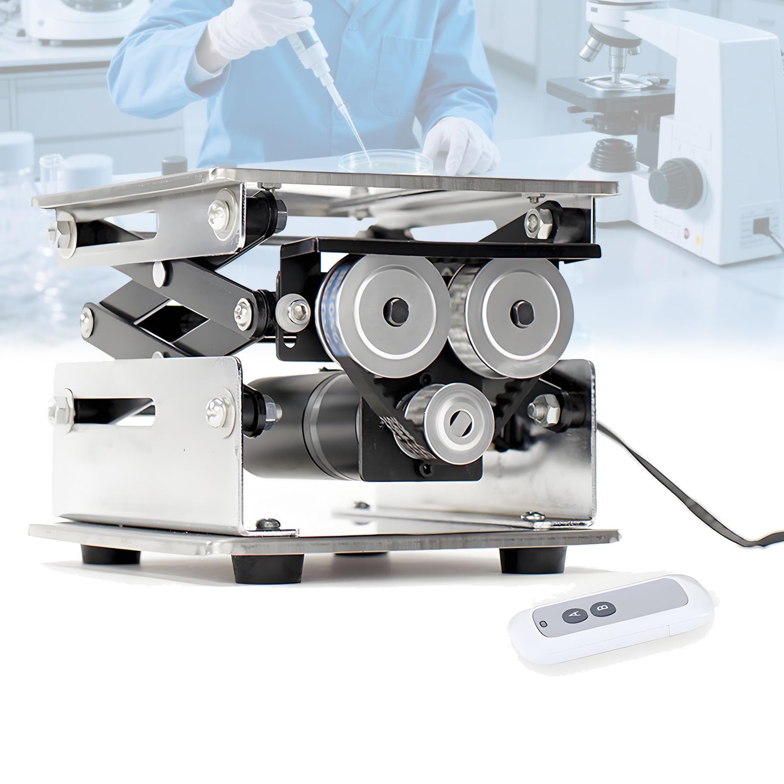 Plataforma de elevación eléctrica de alta precisión, elevación manual de laboratorio de acero inoxidable, 150 mm, reducción de ruido y control de vibración, perfecta para laboratorios de ciencias