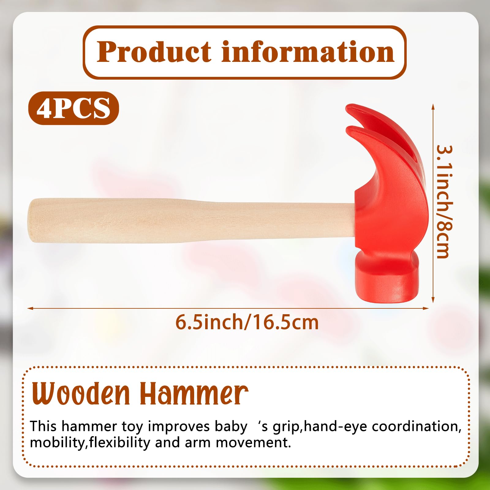 Deekin 4 Pcs Wooden Hammer Toys Simulation Hammers Small Toy Maintenance Tools Toys for Education Little Teenagers School Gift Birthday Party, Red, 6.5 Inches