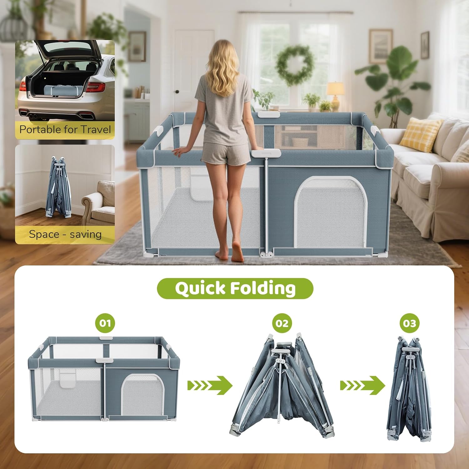 Foldable Baby Playpen - 65"×50" Collapsible Play Pen for Babies and Toddlers - Indoor Outdoor Foldable Play Yard with 4 Handles - Folding Baby Playpen with Bag Portable Travel Play Yard