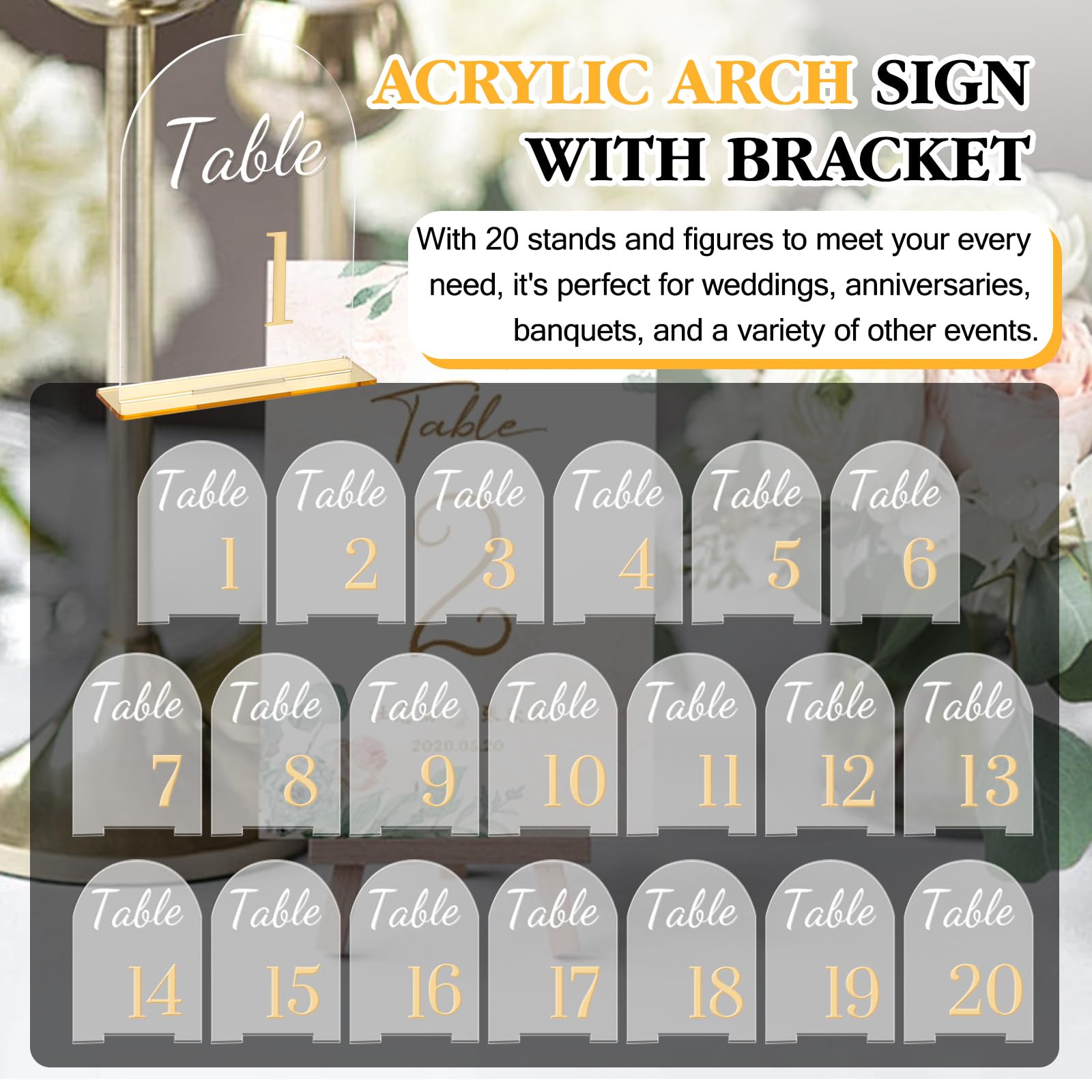 Lot de 20 numéros de table en acrylique transparent - 14 x 17,8 cm - Réutilisables - Chiffres de 1 à 20 - Pour mariage, fête, anniversaire - Décoration de table