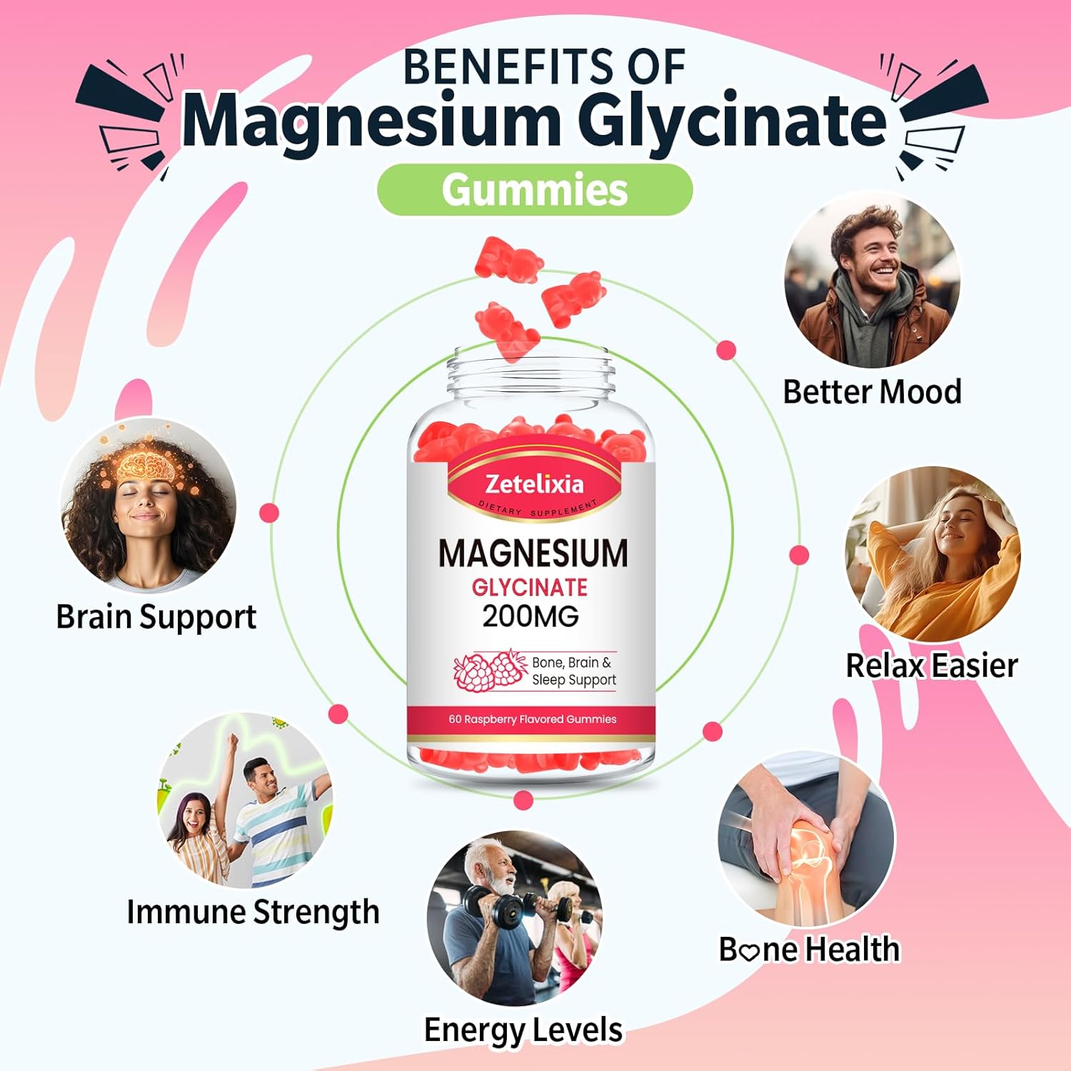 200MG Magnesium Glycinate Gummies, High Absorption Magnesium Glycinate Supplements for Relaxation, Raspberry Flavor 2 Pack, 120 Count