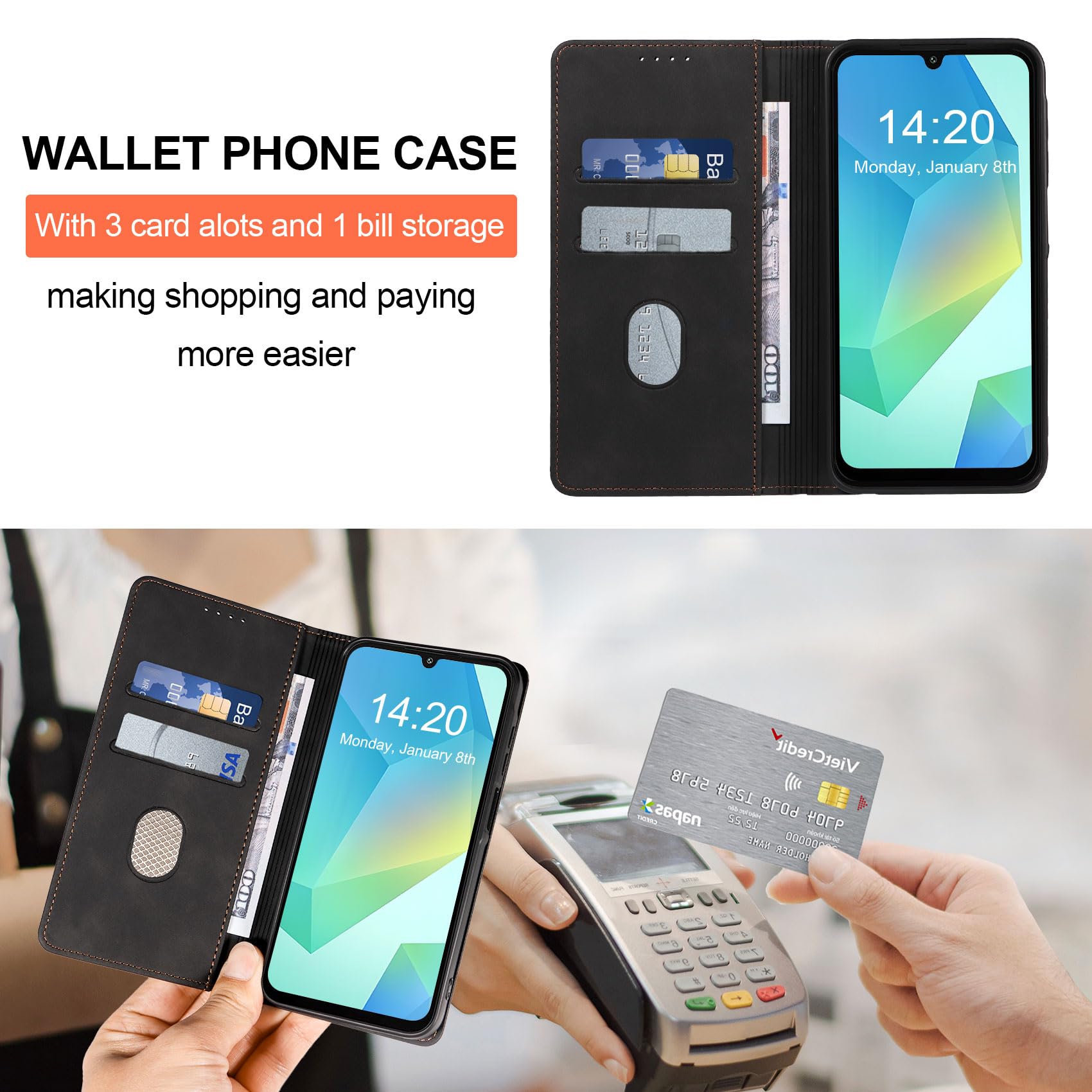 QHOHQ Cover per Samsung Galaxy A16 4G / A16 5G / A26 5G + Pellicola Prottetiva, [RFID Shieldon], Libro Custodia Portafoglio Premium Pelle PU, Slot Scheda, Chiusura Magnetico Aletta Antiurto Case Nero