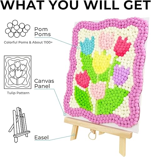 Miniatura 2 de Funto Kit de arte de pintura de pompones de tulipán, más de 1100 pompones, lienzo y caballete resistente para decoración del hogar, adecuado para