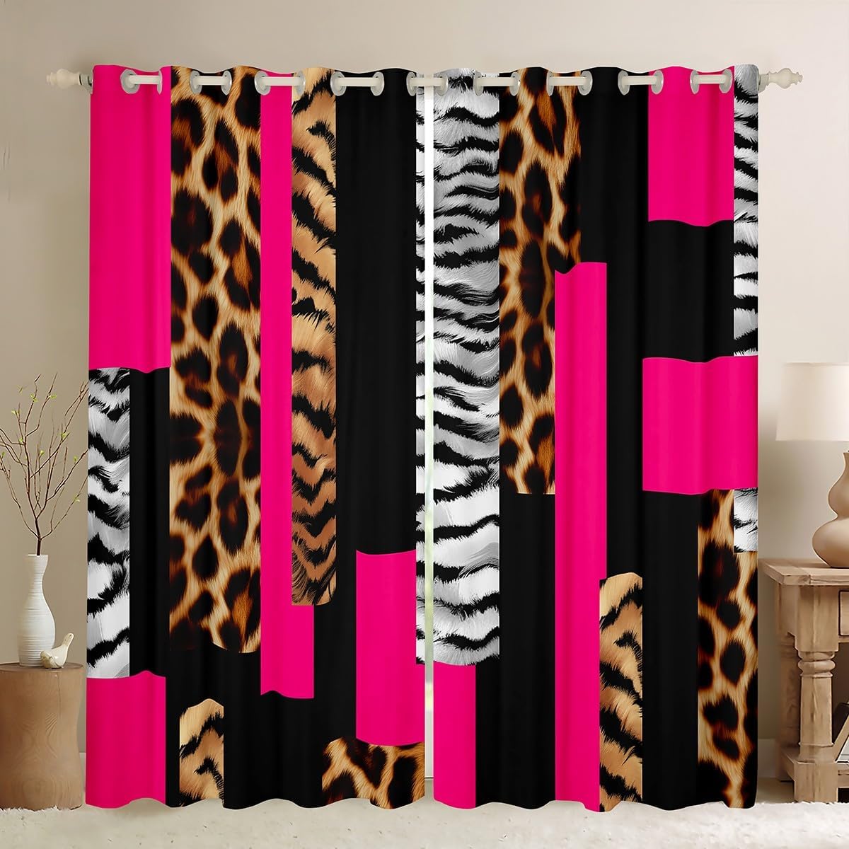 Feelyou Leopard Curtains for Bedroom Living Room Boys Girls Cheetah Hot Pink Black Blackout Curtains (2 Panels, 38 x 54 Inch) Animal Fur Print Darkening Dreapes Decor Safari Window Treatments Zebra