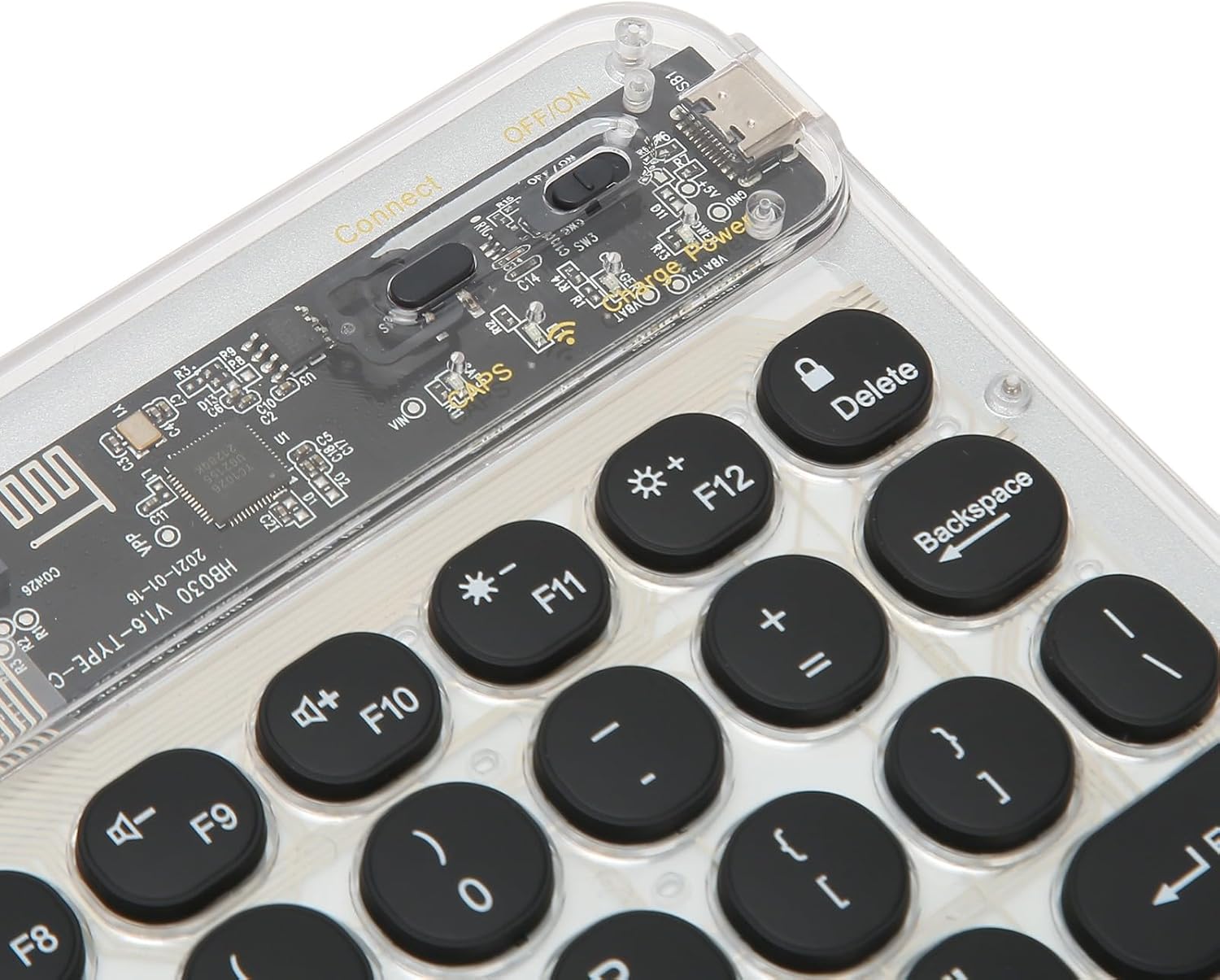 Close-up of power switch and USB-C port