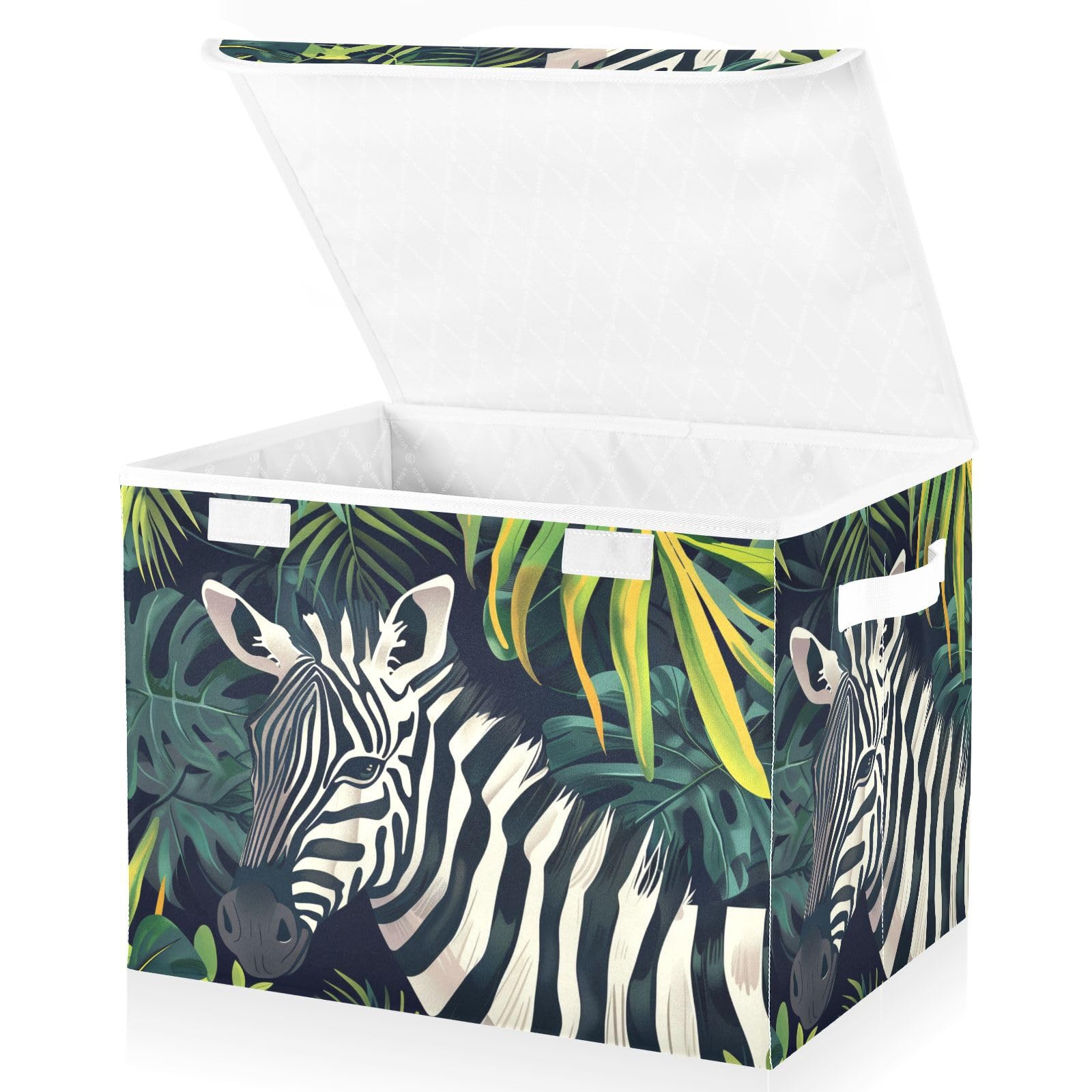 Storage Boxes Foldable Storage Bins Animal Zebra Tropical Leaves Cube Organizer Basket with Flip-Top Lid & Handles for Clothes Organizers and Storage, Toy Storage Organizer, Closet Storage Baske