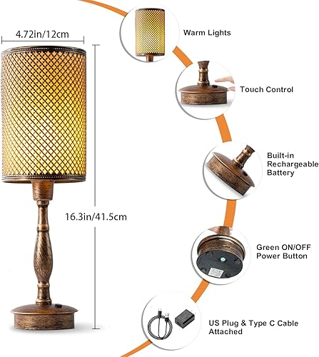 Miniatura 5 de UMEXUS Lámpara de mesa inalámbrica recargable, pequeña lámpara de batería con atenuador, lámpara táctil vintage para mesita de noche, mesita de