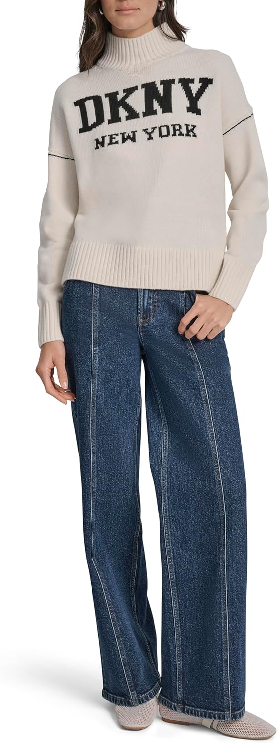 DKNY Womens Long Sleeve Athletic Fit Logo Mock Neck Sweater - Image 2