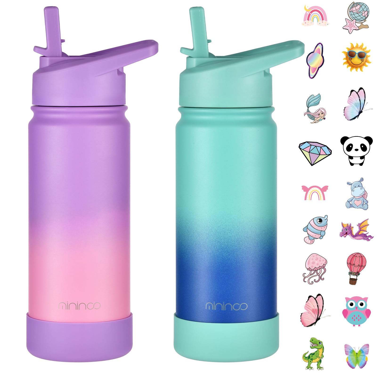 Mininoo Kids Water Bottle for School, 16oz Stainless Steel Insulated Water Bottle Kids with Straw Lid for Girls, Boys (2 Pack)