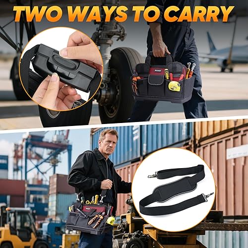 Miniatura 7 de TICONN Bolsa de herramientas con múltiples bolsillos de boca ancha para herramientas con correas reflectantes de seguridad, correa de hombro