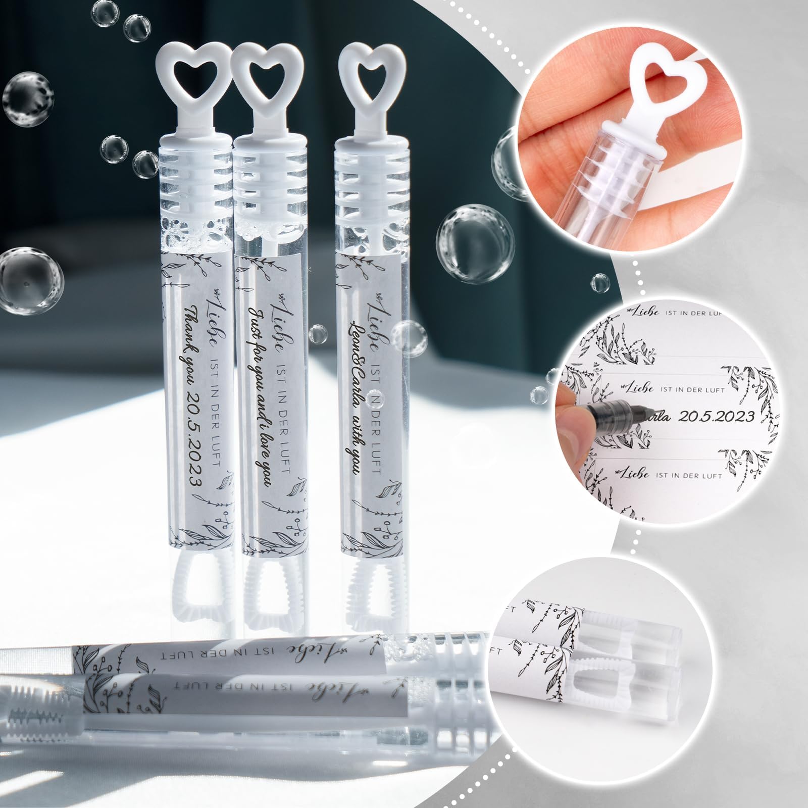 50 Flacons Bulles De Savon Mariage – Avec Poignée Cœur, Autocollants Personnalisables, Idée Cadeau Romantique