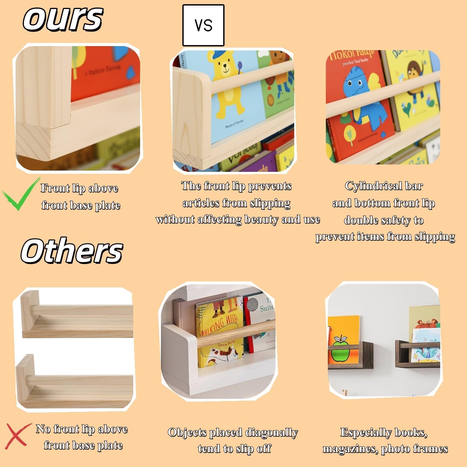 Set of 3 Kids Floating Bookshelves Natural – 24 Inch Wall Mounted Nursery Book Shelves with Safety Rail – Ideal Storage & Display Shelf for Nursery, Bedroom, and Playroom