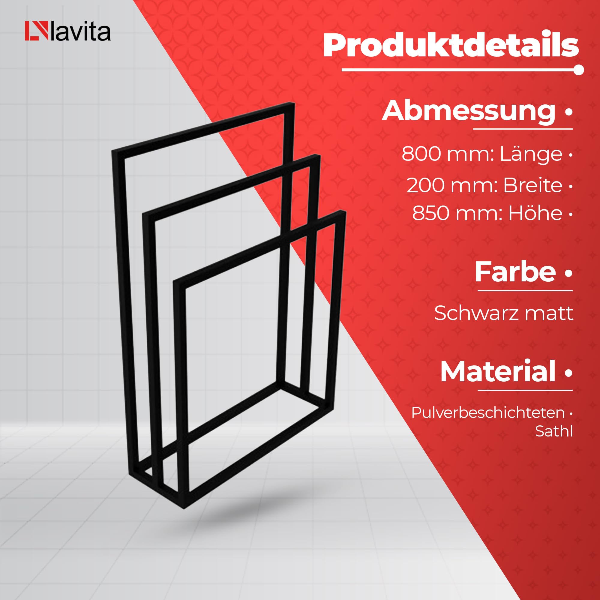 LAVITA HALMAHERA 800 | Handtuchständer Schwarz | Freistehender stehend, Handtuchhalter | Stehend für Bad | Badezimmermöbel | Pulverbeschichteter Kohlenstoffstahl | Modernes Design | 800x200x850 mm