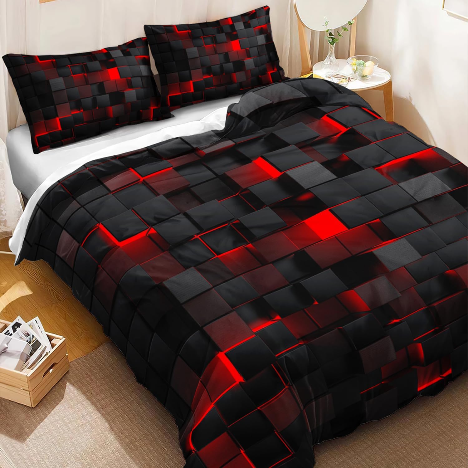 Geometric Red Black Duvet Cover Queen Size,Light Honeycomb 3PCS Bedding Set for Kids and Adults,Modern Cover Set Geometry Decor,Microfiber Lightweight 1 Duvet Cover and 2 Pillowcases
