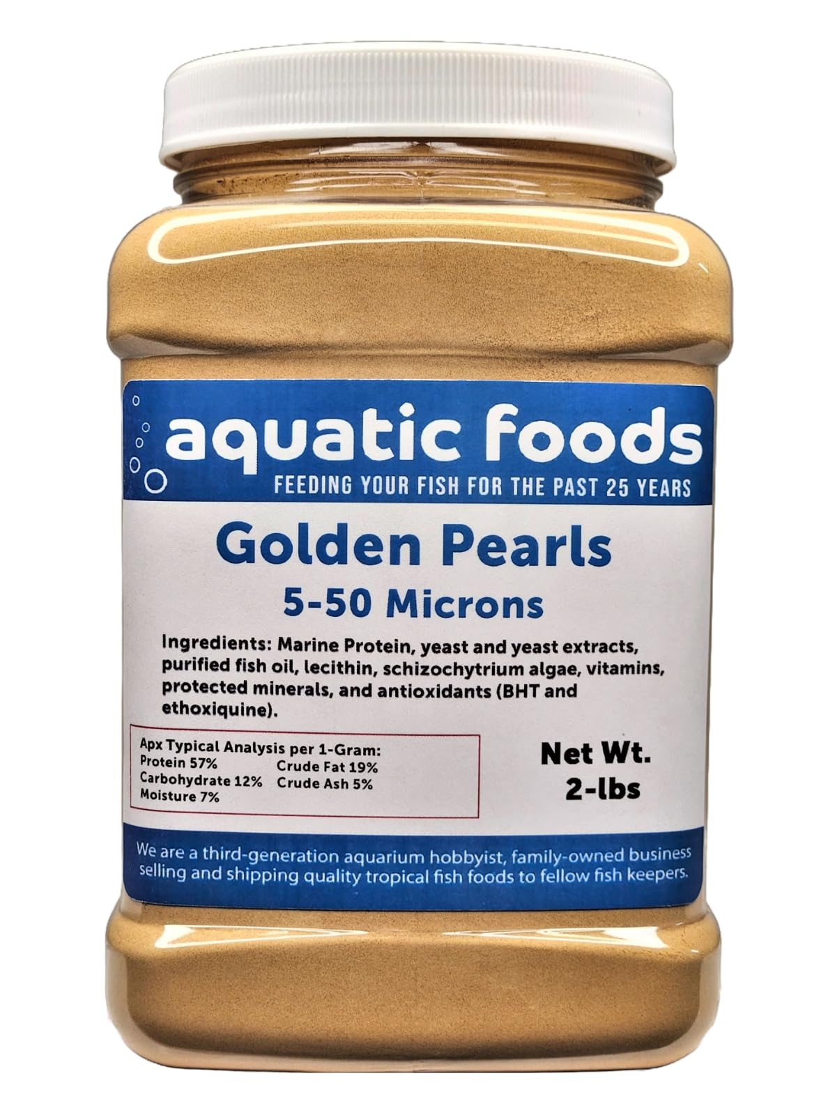 Aquatic Foods Inc. Golden Pearls 5-50 Microns, Powder for New Fry, Babies of Shrimp, Axolotls, Discus, Cichlids, Catfish, Tetras, Angel Fish, Guppies, Bettas, Goldfish, Corals, Reefs…2-lb Med Jar