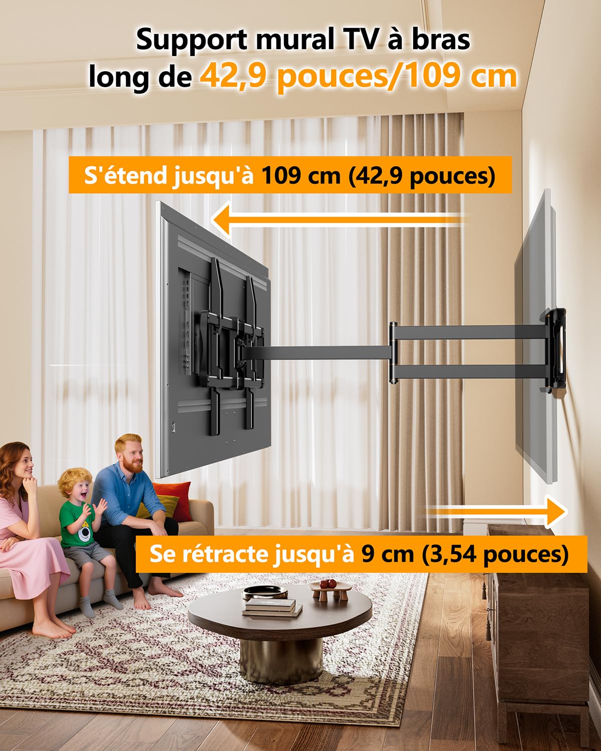 Support Mural TV à Double Bras, 42-100 Pouces, Charge 80kg